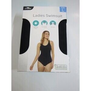 New w box Crane Ladies Black Spandex Swimsuit Size L w Racerback & Full Coverage